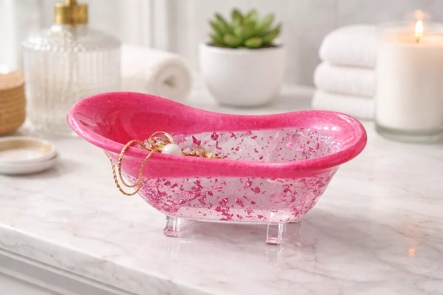 Sparkle Pink Flake Resin Mini Tub Soap Holder Home Design
