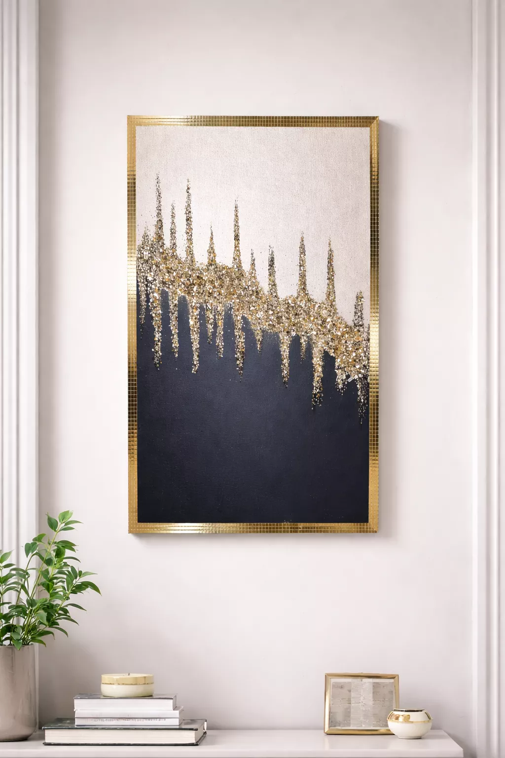 Artisan Black and Gold Crushed Glass Decor Wall Art Glitter Painting
