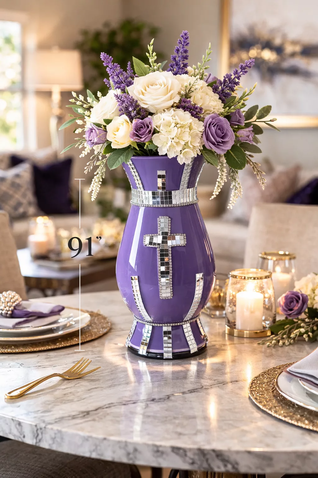 Handcrafted Purple Mirror Tile Cross Bling Floral Vase Home Decor