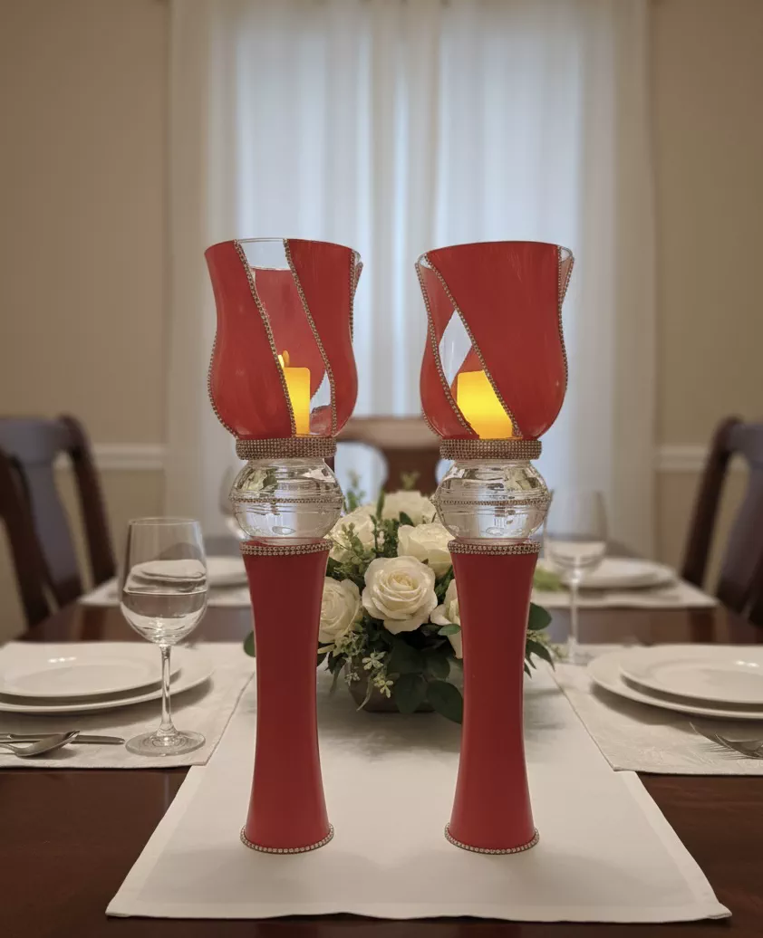 Tall Red Candleholder with Rhinestone Trim - Luxury Home Decor