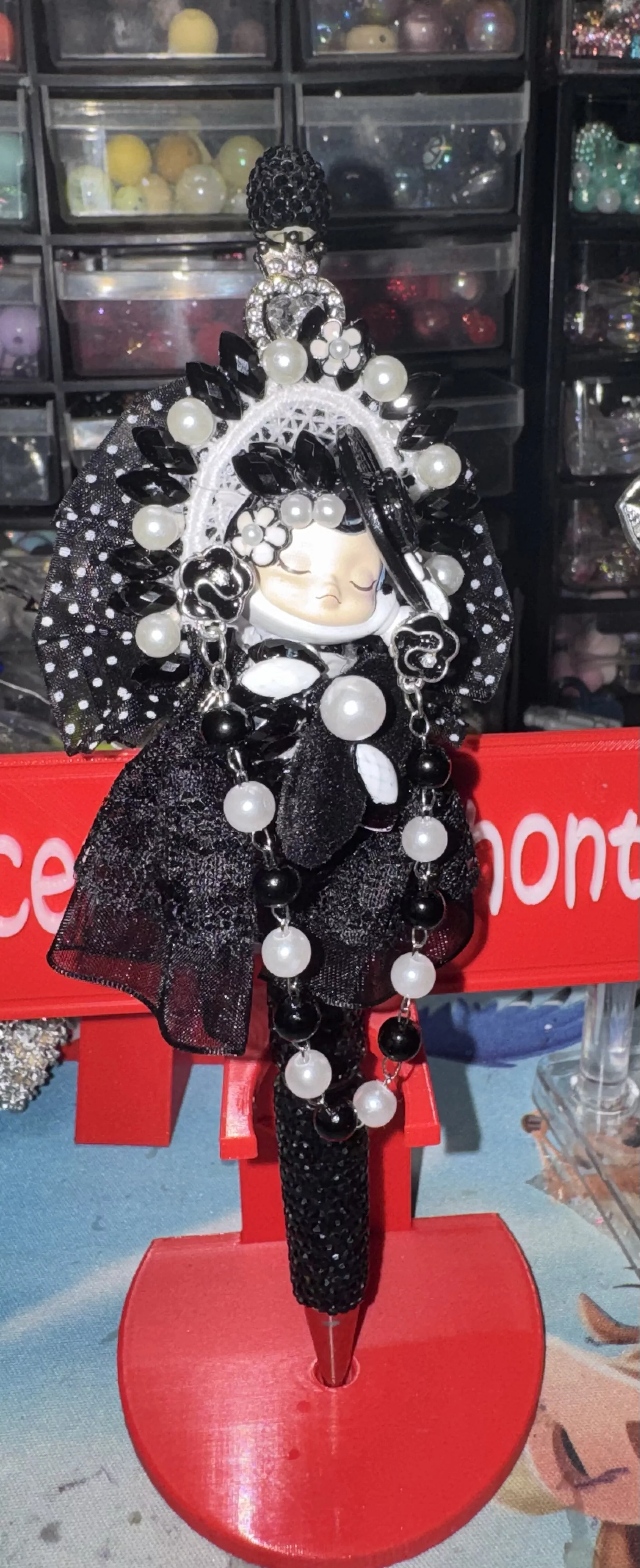Fancy Black SP focal on a black rhinestone pen with matching beads